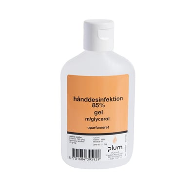 Plum hånddesinfektion som gel i hvid flaske med orange etiket og vippelåg, 120 ml med 85 % ethanol og 6 % IPA.