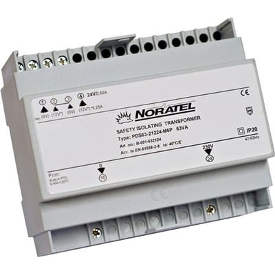 Noratel PDS63-21224-M6P sikkerhedstransformer med 63VA effekt, designet til 230V input og 12-24V output, med skrueterminaler til DIN-skinne montering.