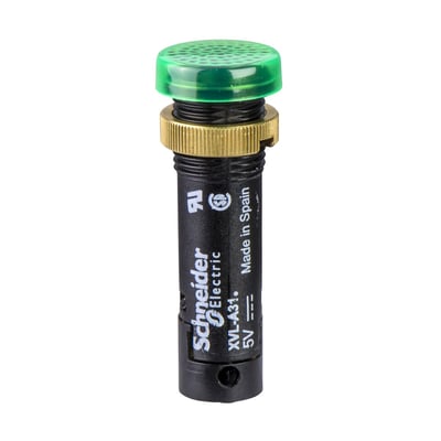 Schneider Electric grøn LED pilotlys med Ø12 mm montagediameter og 48V DC forsyning, vist på hvid baggrund.