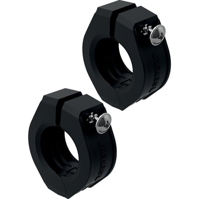 To sorte Geberit FLOWFIT fixpunkter til 16mm rør, vist fra siden med synligt logo og skruer på hvid baggrund.