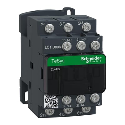 Schneider Electric TeSys D kontaktor med 3 poler, 9A, 230VAC spole og 1NO+1NC hjælpekontakter, vist på grå baggrund.