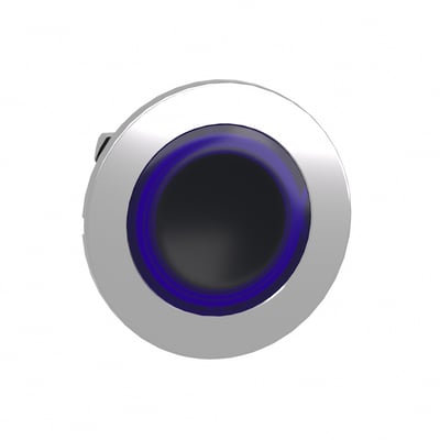 Schneider Electric ZB4F trykhoved med LED-ring i blå og sølv, designet til flush montage i 30 mm huller.