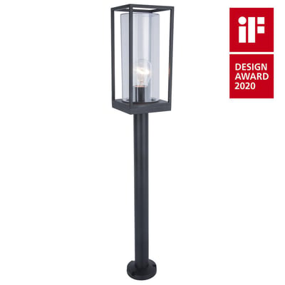 FLAIR bedlampe i sort metal med cylindrisk glas og synlig E27 lyskilde, samt iF DESIGN AWARD 2020 mærkat.