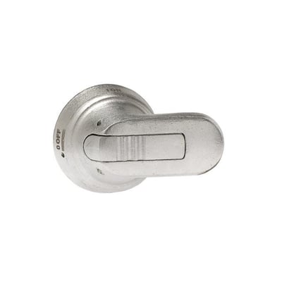 Nærbillede af ABB F.OT160-250E drejegreb i rustfrit stål, der viser låsefunktionen og 6mm akselmontering.