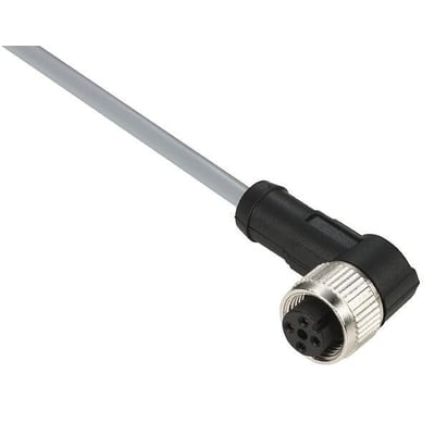 Telemecanique Sensors tilslutningskabel på 5 meter med vinklet 3-polet M12-hunstik, vist skråt forfra.