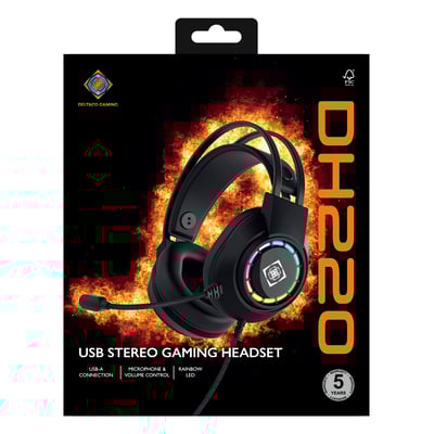 Deltaco DH220 USB stereo gaming headset i sort med RGB lys på ørekopperne og fleksibel mikrofon.