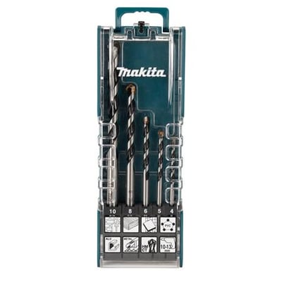 Makita Omni-Bor Sæt Multi-Plus, 5 dele, indeholdende forskellige bor i en gennemsigtig grøn kuffert.