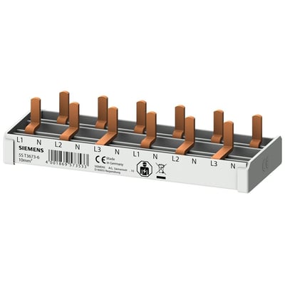 Siemens 5ST3 3-faset stiftskinne til 10 mm² ledning med 6 terminaler, mærket L1, N, L2, N, L3, N, L1, N, L2, N.