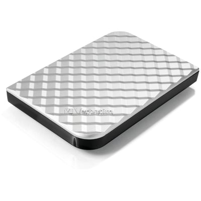 Verbatim Store n Go ekstern harddisk på 1 TB med sølvfarvet, mønstret top og sort kant, set skråt ovenfra.