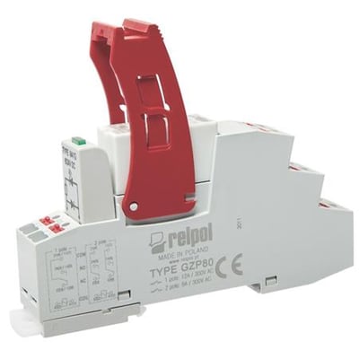 Komplet relæ med 2C/O, 8A og 24VAC i hvidt plast med rød vippearm og grøn LED.