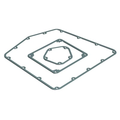 Schneider Electric pakningssæt til vedligeholdelse af låg, motordæksel og medielåg med tre forskellige størrelser på grå baggrund.