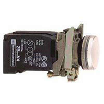 Komplet lampe fra Schneider Electric med hvid trykknap, kromring og mørk Transformer-enhed til 110-120VAC.