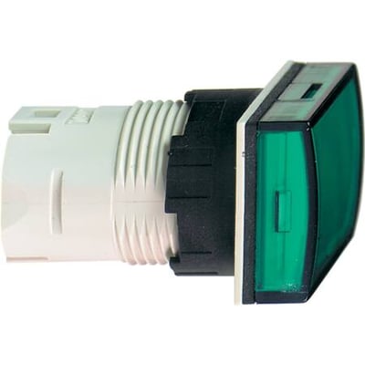 Schneider Electric Harmony Style 6 lampehoved, rektangulært og grønt med Ø16 mm diameter og synlig bagmontering.