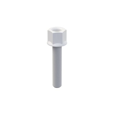 Mita bolt M10 x 50 mm PC1 fra Wibe, en hvid bolt med M10 gevind og en sekskantet top på hvid baggrund.