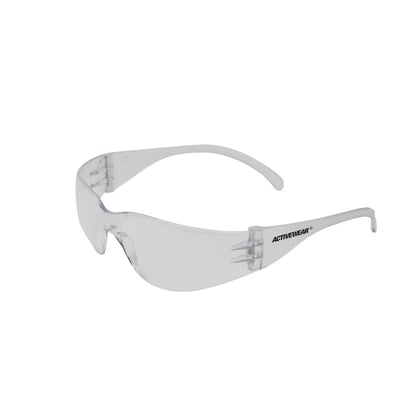 Activewear Mission 4020 sikkerhedsbrille med klar, kantløs linse og lyse brillestænger, set skråt forfra.