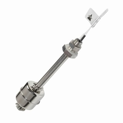 Carlo Gavazzi niveaumagnetaftaster i metal med lang følerstang, cylindrisk svømmer, gevindtilslutning og ledning.
