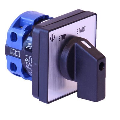 Kraus & Naimer stop/start-omskifter med fjederretur, frontmonteret med 4 huller. Omskifteren er grå og sort med tydelige stop- og startmarkeringer.