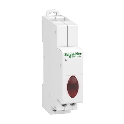 Set fra siden er Schneider Electric iIL signallampen med tre røde LED-indikatorer tydeligt vist, fremhævet af den hvide enhed og en tydelig rød linse.