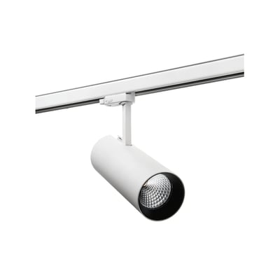 Hvid SG Armaturen Tube Eco LED-skinnespot med sort reflektorkant monteret på en 3-faset skinne.