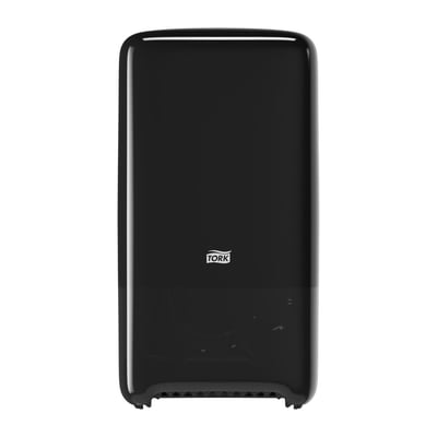 Tork Twin Mid-size toiletpapir dispenser i sort plast med logo, vist uden papir.