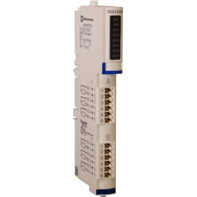 Schneider Electric STB KIT modul med 6 digitale 24VDC udgange, vist fra siden med tilslutningsklemmer og mærkater.
