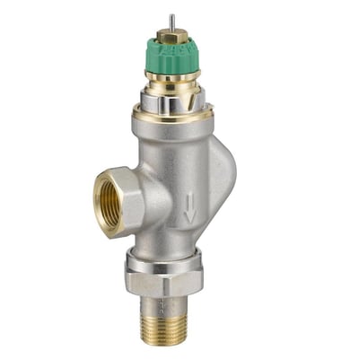 Sidevisning af Danfoss RA-DV UK radiatorventil, viser ventilens krop og omvendte vinkelløbende design.