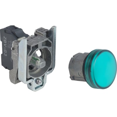 Schneider Electric Harmony Style 4 trykknap med grøn LED, 120V AC, 22 mm hulmål, viser modulet og den grønne trykknap separat.