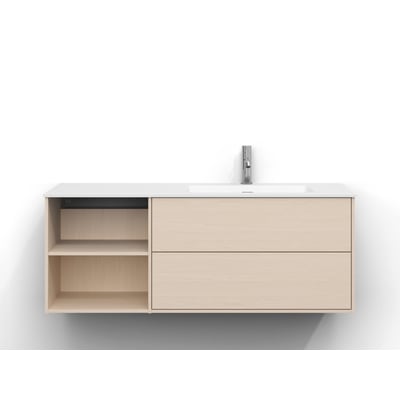 Svedbergs Epos underskab i hvid ask, 120x45 cm, med to skuffer til højre og åbne hylder til venstre.