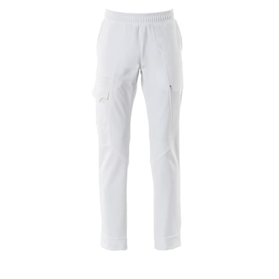 Mascot Food&Care bukser i hvid strækstof, str. 82XL, med elastik i taljen og flere praktiske lommer.