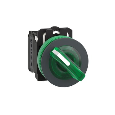 Bagfra af Schneider Electric Harmony XB5 drejegreb flush, viser mærkningssymboler som CE og EAC på den sorte bagmonteringsenhed.