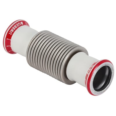 Detaljebillede af Geberit Axialkompensator FZ, 28 mm, der viser den bøjelige bælg af specialstål og presfittings.