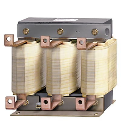 Siemens Sinamics/MM4 udgangsdrossel, 3-faset 380A, med tre synlige spoler og kobberterminaler, designet for 380-480V AC.