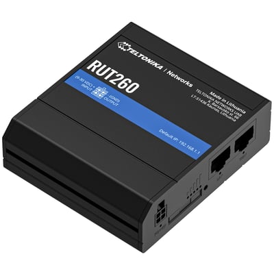 Sort Teltonika RUT260 Cat 6 Wi-Fi-router set skråt ovenfra med Ethernet-porte og tilslutninger synlige.