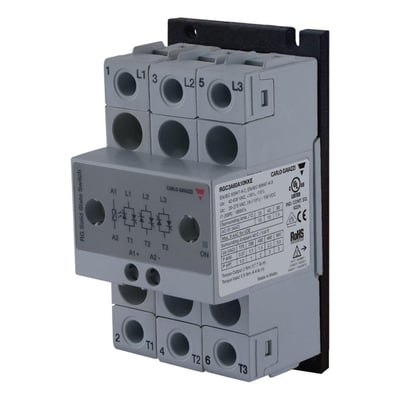 Carlo Gavazzi 2-polet solid-state-relæ med gråt kabinet, synlige tilslutninger og sort monteringsplade.