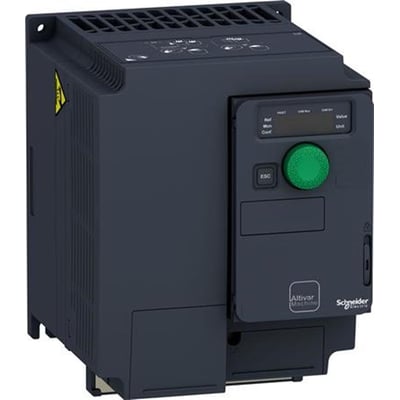 Schneider Electric ATV320 frekvensomformer vist skråt forfra med kontrolpanelet fremhævet, inklusive grøn drejeknap og display.