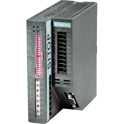 Siemens Sitop DC-UPS 15A modul uden interface, 24V DC/15A, med skrueklemmer og indikatorer på siden. Produktet er gråt og har dimensionerne 50x125x125mm.