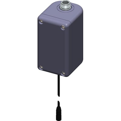 3D-rendering af Oras Electra power unit i mørkegrå, med fokus på den rektangulære form, skruedetaljer og frakoblet kabelstik.