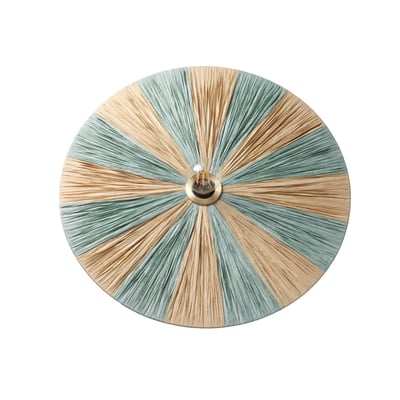 Frontvisning af Jore Copenhagen Dott Stripes bordlampe i blå og naturfarvet bast, med synlig lyskilde og fatning.