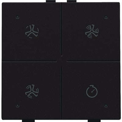 Niko ventilationstryk i mørkebrun med fire symboler: tre ventilatorer og et ur. En lille LED-indikator ses på nederste højre knap.