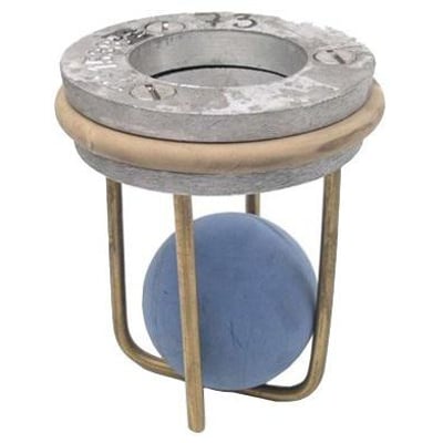 Cylindrisk kloakkontraventil med blå gummikugle, rustfri overdel og metalbøjle til 110mm afløb.