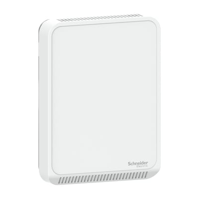 Schneider Electric luftkvalitetssensor SLP-serie til CO2, VOC, temperatur med mat hvid finish og ventilationsriste.