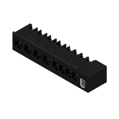 Sort Weidmüller-hybridkonnektor til printkort med otte poler, 7,50 mm pin-afstand og 90° udgående vinkel, set skråt fra oven.