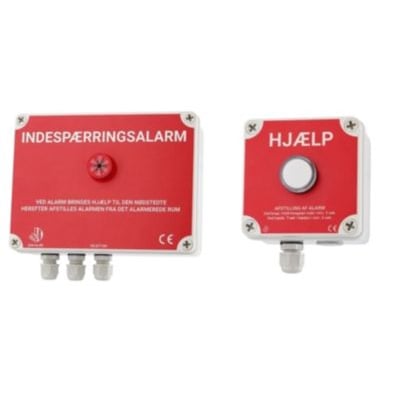 To røde indespærringsalarmer med hvide sider og skruer monteret, den ene med trykknap til alarm og tekst om hjælp.