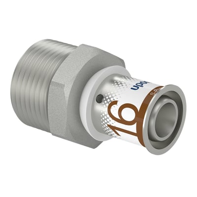 Uponor preskobling i messing med 16mm muffe og 3/4" udvendigt gevind, forkromet og med tydelig "16" mærkning på preskappen.