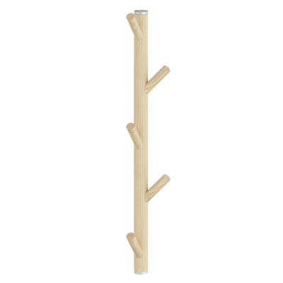 Beslagsboden lodret knagerække med fem knager i bøgetræ og matte grå detaljer, set forfra med kroge i skiftende retninger.
