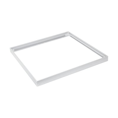 Hvid SpectrumLED-påbygningsramme til 60x60 LED-paneler, samlet som en firkantet ramme set skråt ovenfra.