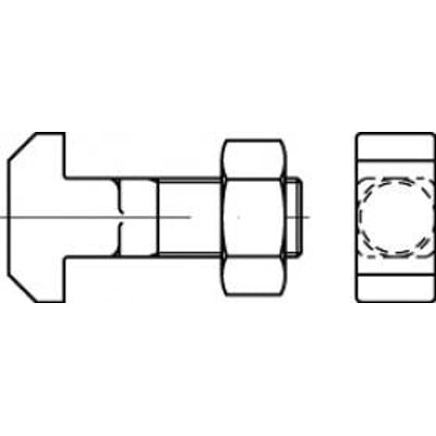 M20x120 hammer skrue i kvalitet 4.6 med møtrik, sort. Illustrationen viser skruen fra siden med møtrik monteret og en detaljeret illustration af møtrikken.