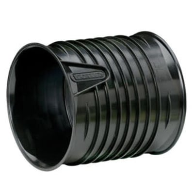 Wavin X-Stream DN150 PP-skydemuffe uden gummiringe, sort, med synlig Wavin logo på den rillede overflade.
