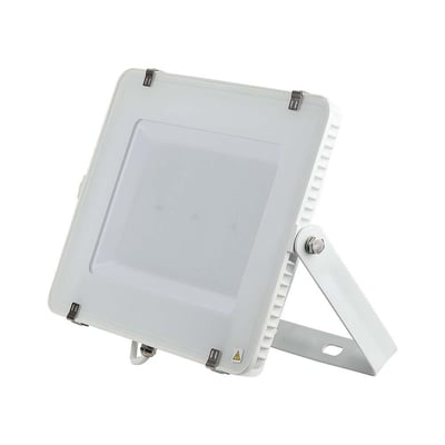 Hvid V-TAC LED-projektør på justerbar holder, set skråt forfra, med 200 W og Samsung LED-chip.