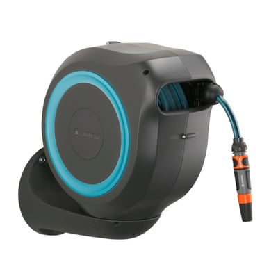 Gardena RollUp vægslangeboks i turkis og grå med 20 meter slange, viser automatisk oprulningsmekanisme på hvid baggrund.